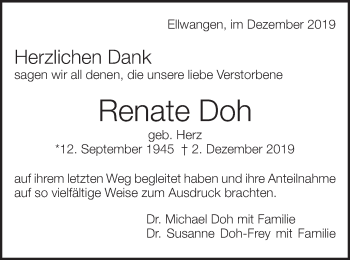 Traueranzeige von Renate Doh von Schwäbische Post
