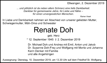 Traueranzeige von Renate Doh von Schwäbische Post