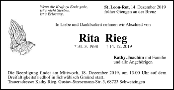 Traueranzeige von Rita Rieg