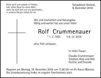 Traueranzeige von Rolf Crummenauer von Gmünder Tagespost