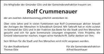 Traueranzeige von Rolf Crummenauer von Gmünder Tagespost