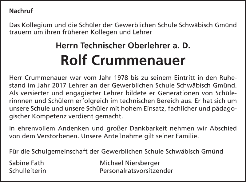  Traueranzeige für Rolf Crummenauer vom 10.12.2019 aus Gmünder Tagespost