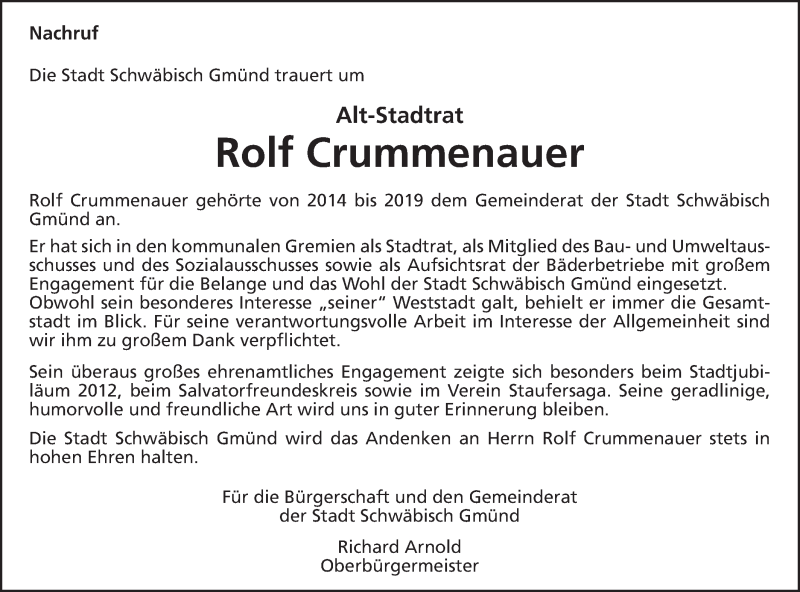  Traueranzeige für Rolf Crummenauer vom 10.12.2019 aus Gmünder Tagespost