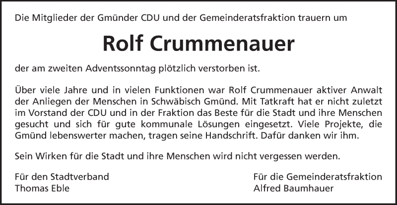  Traueranzeige für Rolf Crummenauer vom 11.12.2019 aus Gmünder Tagespost