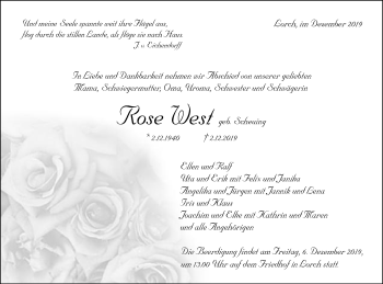 Traueranzeige von Rose West von Gmünder Tagespost