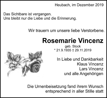 Traueranzeige von Rosemarie Vincenz von Gmünder Tagespost