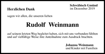 Traueranzeige von Rudolf Weinmann von Gmünder Tagespost