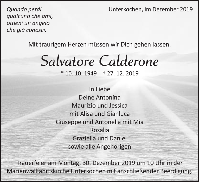  Traueranzeige für Salvatore Calderone vom 28.12.2019 aus Schwäbische Post