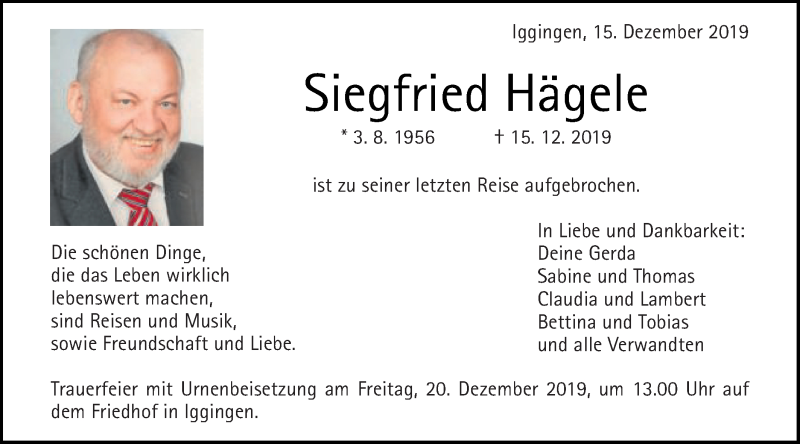 Traueranzeige für Siegfried Hägele vom 17.12.2019 aus Gmünder Tagespost