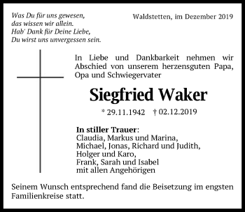 Traueranzeige von Siegfried Waker von Gmünder Tagespost