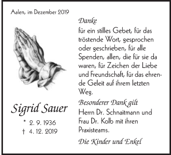 Traueranzeige von Sigrid Sauer von Schwäbische Post