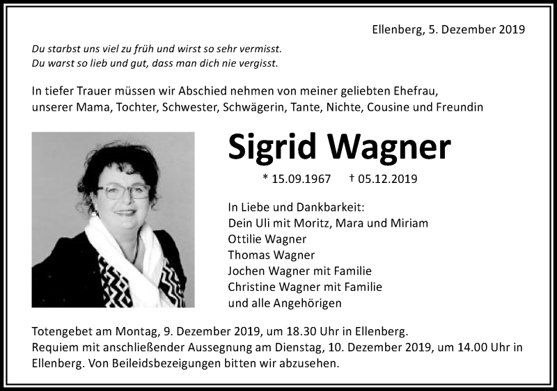  Traueranzeige für Sigrid Wagner vom 07.12.2019 aus Schwäbische Post
