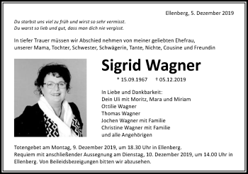 Traueranzeige von Sigrid Wagner von Schwäbische Post