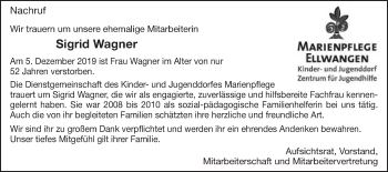 Traueranzeige von Sigrid Wagner von Schwäbische Post