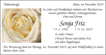 Traueranzeige von Sonja Friz von Schwäbische Post