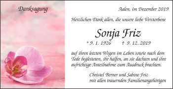 Traueranzeige von Sonja Friz von Schwäbische Post