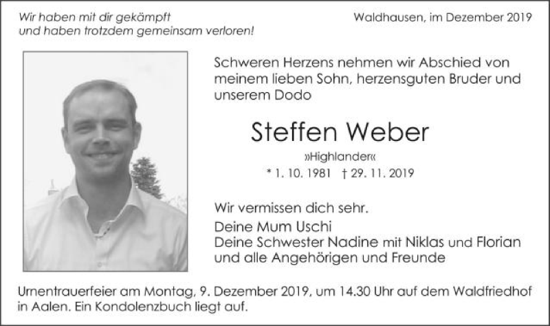  Traueranzeige für Steffen Weber vom 05.12.2019 aus Schwäbische Post