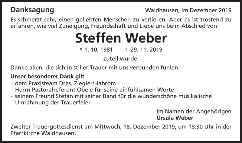  Traueranzeige für Steffen Weber vom 17.12.2019 aus Schwäbische Post