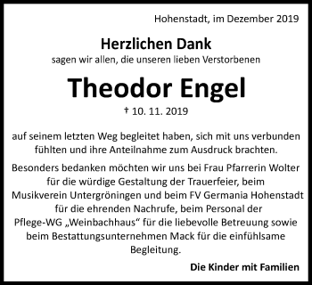 Traueranzeige von Theodor Engel von Schwäbische Post