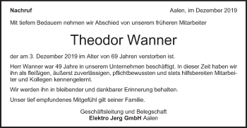 Traueranzeige von Theodor Wanner von Schwäbische Post