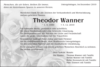 Traueranzeige von Theodor Wanner von Kocher-Lein-Bote