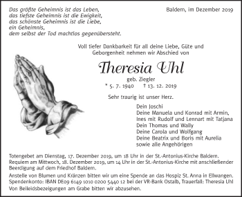 Traueranzeige von Theresia Uhl von Schwäbische Post