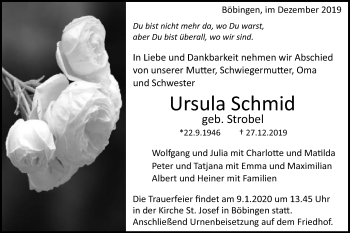 Traueranzeige von Ursula Schmid von Gmünder Tagespost