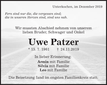 Traueranzeige von Uwe Patzer von Schwäbische Post