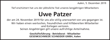 Traueranzeige von Uwe Patzer von Schwäbische Post