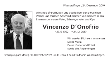 Traueranzeige von Vincenzo D´Onofrio von Schwäbische Post