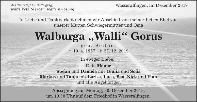  Traueranzeige für Walburga Gorus vom 28.12.2019 aus Schwäbische Post