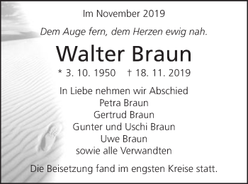Traueranzeige von Walter Braun  von Gmünder Tagespost