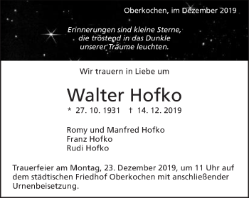 Traueranzeige von Walter Hofko von Schwäbische Post