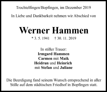 Traueranzeige von Werner Hammen von Schwäbische Post