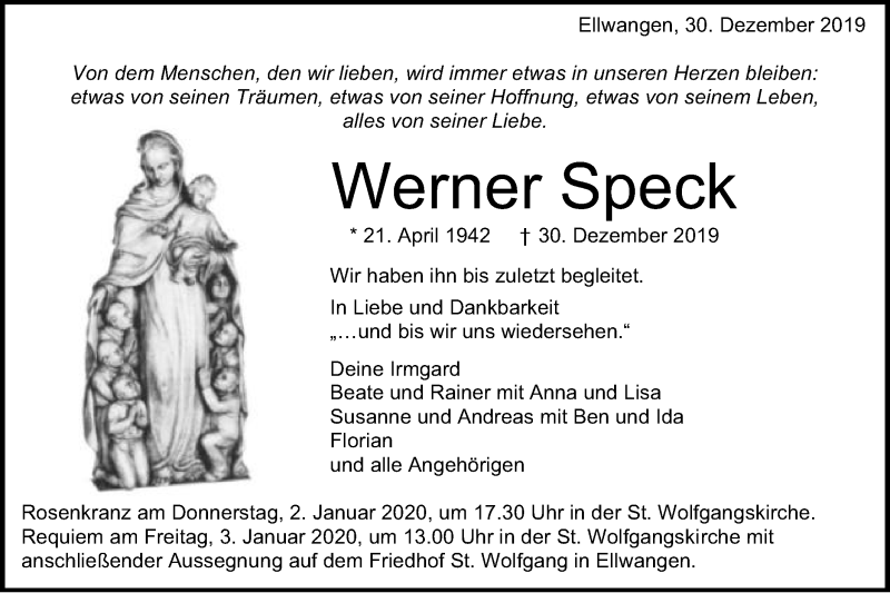  Traueranzeige für Werner Speck vom 31.12.2019 aus Schwäbische Post