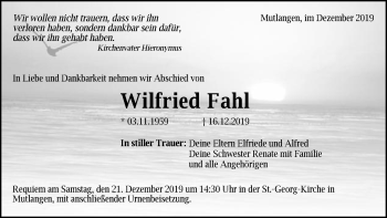 Traueranzeige von Wilfried Fahl von Gmünder Tagespost
