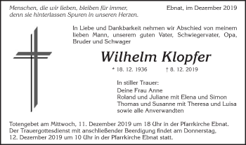 Traueranzeige von Wilhelm Klopfer von Schwäbische Post