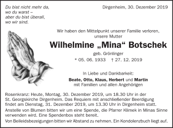 Traueranzeige von Wilhelmine Mina Botschek von Schwäbische Post