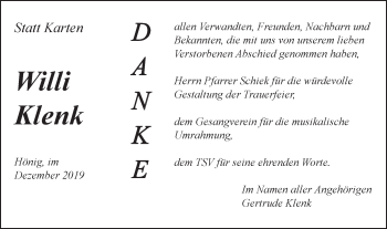 Traueranzeige von Willi Klenk von Gmünder Tagespost