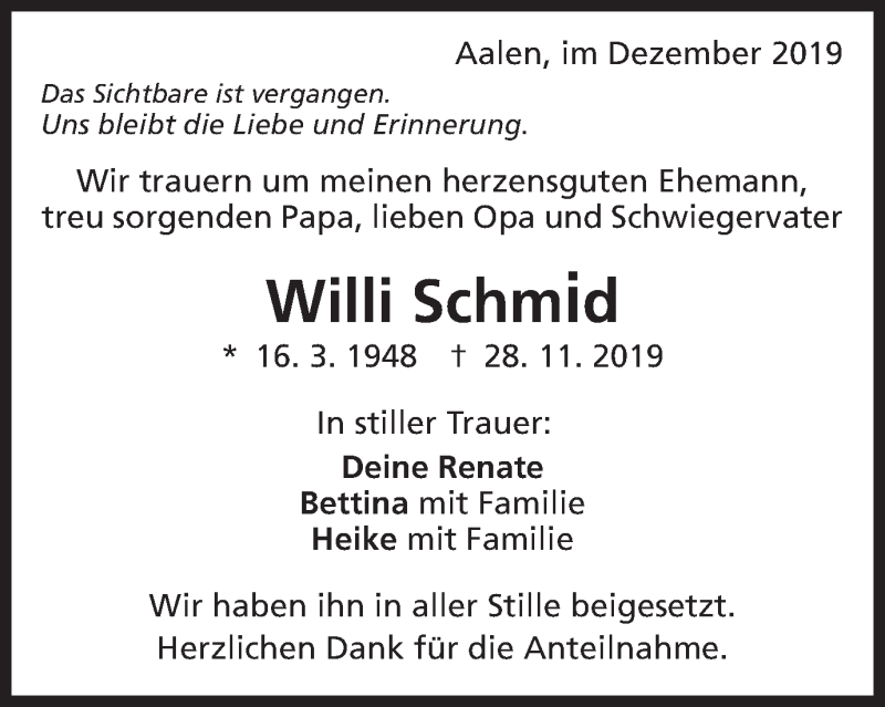  Traueranzeige für Willi Schmid vom 13.12.2019 aus Schwäbische Post