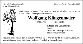 Traueranzeige von Wolfgang Klingenmaier von Gmünder Tagespost