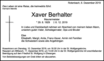 Traueranzeige von Xaver Berhalter von Schwäbische Post