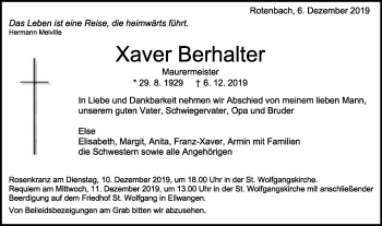 Traueranzeige von Xaver Berhalter