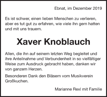 Traueranzeige von Xaver Knoblauch von Schwäbische Post