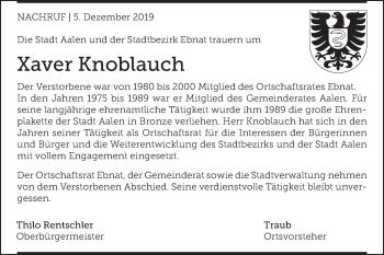 Traueranzeige von Xaver Knoblauch von Schwäbische Post