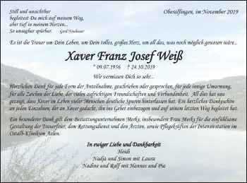 Traueranzeige von Xaver Tranz Josef Weiß von Schwäbische Post