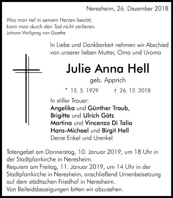 Traueranzeige von Julie Anna Hell von Schwäbische Post