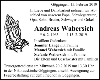 Traueranzeige von Andreas Wabersich von Gmünder Tagespost