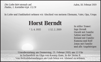 Traueranzeige von Horst Berndt von Schwäbische Post