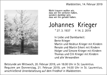 Traueranzeige von Johannes Krieger von Gmünder Tagespost